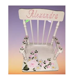 Hand Painted and Personalized bSpindle Wood Rocking Chair &quot;The Alexandra &quot; -Toddler Furniture/Nursery Decor- Shown Cabbage Rose and Daisies