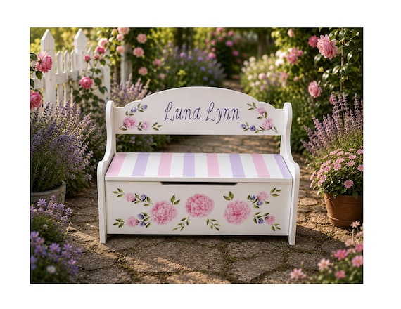 Personalized Hand-Painted Wood Deacons Bench Toy Box  – Floral Design, Baby Shower Gift