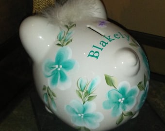 Hand Painted & Personalized Piggy Bank  " The Blakely " - New Baby/Birthday/ Christening/ Toddler's Bank/ Pansy Flowers