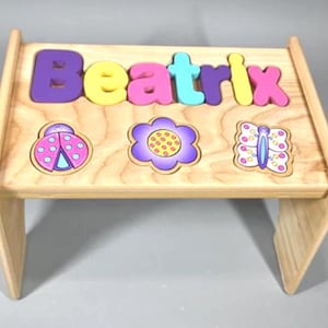 Personalized Wood Puzzle Stool with 43 Cutout Designs  Shown  Garden Theme - Gifts for kids/ Boy Girl Gender Neutral