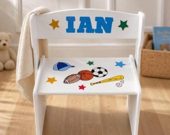 Large Personalized Hand-Painted Wood Flip Top Stool – Mixed Sports Toddler Kids Furniture Bench