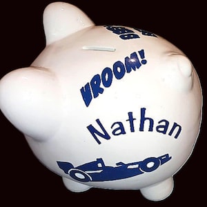 Hand Painted & Personalized Piggy Bank  &quot; The Nathan &quot; - Custom Name Money Bank - Ceramic Baby Shower Gift -Toddler Birthday Keepsake - Cars