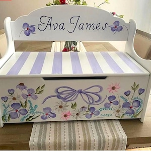 Wood Hand Painted & Personalized Toy Box Deacons Bench - 24&quot; W x 12&quot; D x 15.5&quot; H &quot; The Ava James &quot;- Violets
