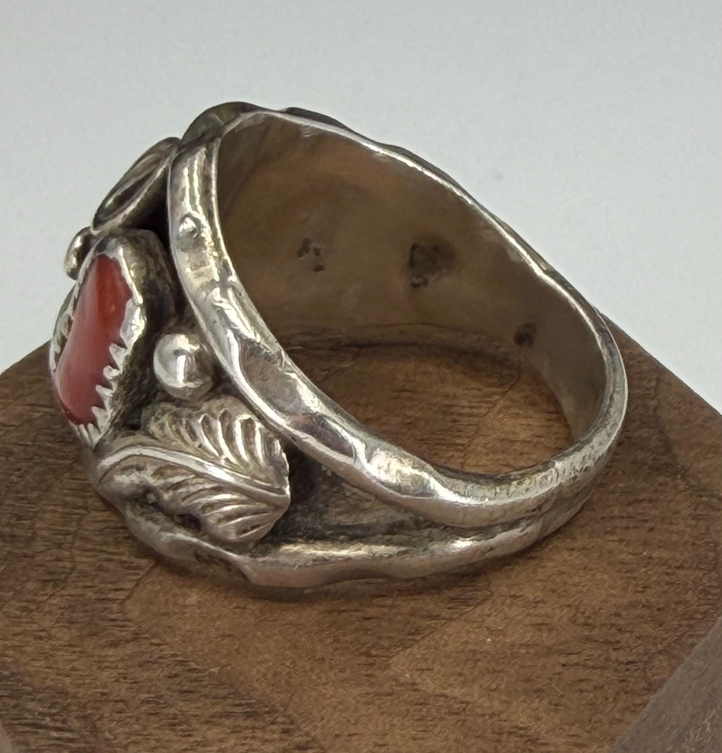 Vintage Navajo Turquoise and Coral Sterling Silver Ring - Old Pawn ...
