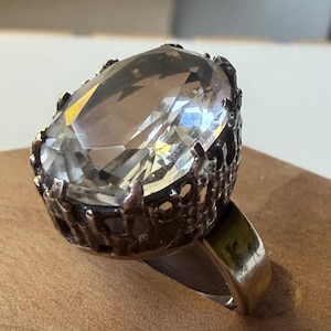 Vintage Swedish Modernist Bengt Hallberg Rock Crystal Ring- Swedesign 1970’s Brutalist Tree Crown Sterling Silver Statement Ring, Size 7