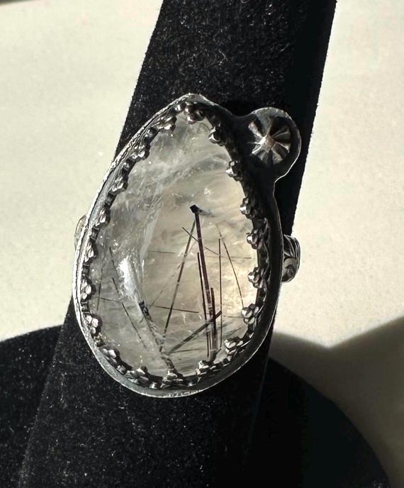 Tourmalinated Quartz Handcrafted Sterling Silver Ring Size 7 - Psychic Enhancement Stone Jewelry