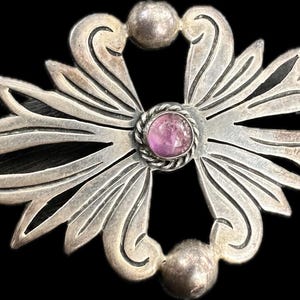 Vintage Taxco Mexikanische Silber Brosche mit Amethyst Edelstein, Pre-1948 Ära Handgefertigter Schmuck