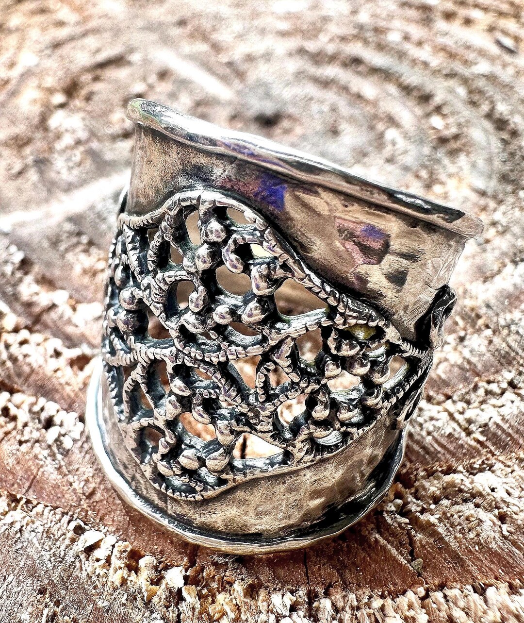 Elegant Sterling Silver Floral Filigree Wide Band Ring - Detailed Open ...
