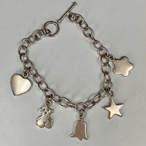 May include: Silver charm bracelet featuring a toggle clasp and multiple charms. Charms include a heart, a teddy bear, a bell, a star, and a five-petal flower. The bracelet is made of linked oval chain.