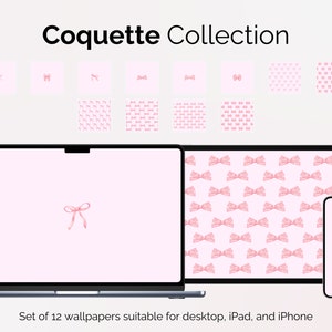 Könnte beinhalten: Ein Set mit 12 digitalen Tapeten in Rosa und Weiß mit einem sich wiederholenden Muster aus Schleifen. Die Tapeten eignen sich für Desktop, iPad und iPhone.