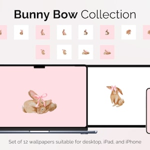 May include: A set of 12 digital wallpapers featuring cute cartoon bunnies with pink bows. The wallpapers are suitable for desktop, iPad, and iPhone.