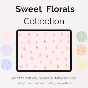 May include: A set of 12 digital iPad wallpapers featuring soft floral patterns in various colors, including pink, green, blue, and yellow. The set includes 6 normal and 6 grainy effect wallpapers.