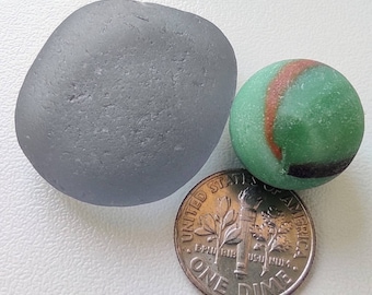 2 Pieces: 1 Sea Glass Marble and a Grey Sea Glass, please read description, scroll photos,Genuine Sea Glass, Beach Sea Glass Marbles