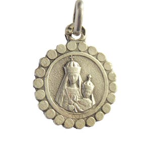 Our Lady Crowned & Jesus Child - French Religious Sterling Silver Medal Pendant Charm - Communion Gift