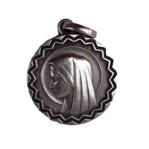 Our Lady Virgin Mary Portrait -  Antique French Silver-plate Medal Pendant Charm  - Religious Jewelry - Catholic Communion Gift