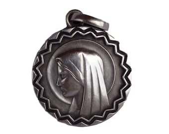Our Lady Virgin Mary Portrait -  Antique French Silver-plate Medal Pendant Charm  - Religious Jewelry - Catholic Communion Gift