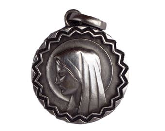 Antique French Silver-plate Our Lady Medal – Religious Charm Pendant