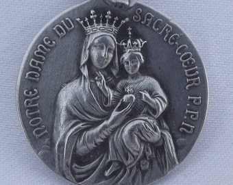 Our Lady Of Sacred Heart - French Religious Large Scapular Medal Pendant Charm - Communion Gift