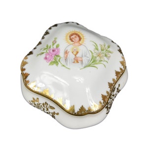 French Vintage Limoges Porcelain Candy Box, Souvenir Of Communion Trinket Box, Sugared Almond Box, Religious Gift