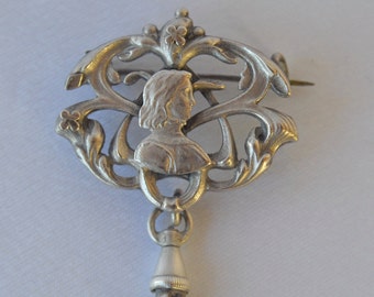 Art Nouveau Saint Joan of Arc Brooch – Authentic Silver-Plate Religious Medal