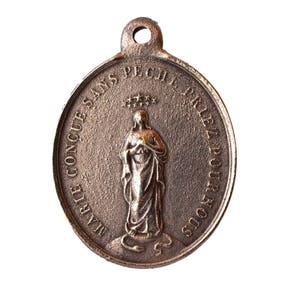 Antique French Copper Our Lady of Lourdes Medal Pendant