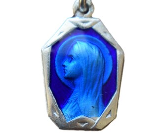 Mary Virgin Portrait  French Art Deco Blue Enamel Sterling Silver Medal By Penin