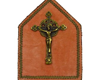 French Antique Religious Wall Cross, Bronze Crucifix on Velvet Frame, Communion Gift