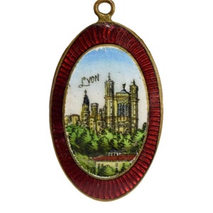 Lyon Our Lady of Fourviere Medal - French Antique Enamelled Medal Pendant Charm - Catholic Medal