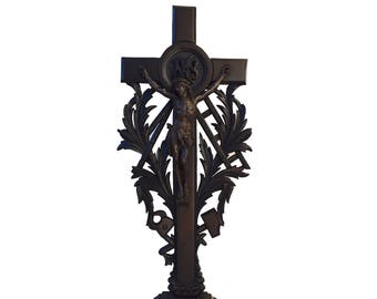 French Antique Victorian Standing Crucifix - Hand Carved Wood Altar Cross - Black Forest Arma Christi Cross - 19th.c Catholic Gift