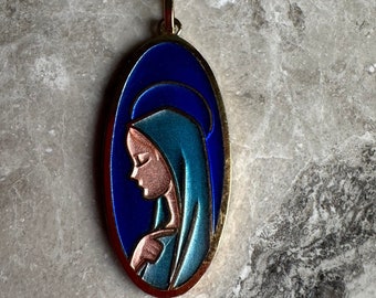 Virgin Mary Portrait - French Religious Blue Enamel Medal