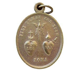 Large Antique Our Lady Virgin Carmel Jesus & Mary Sacred Hearts Medal