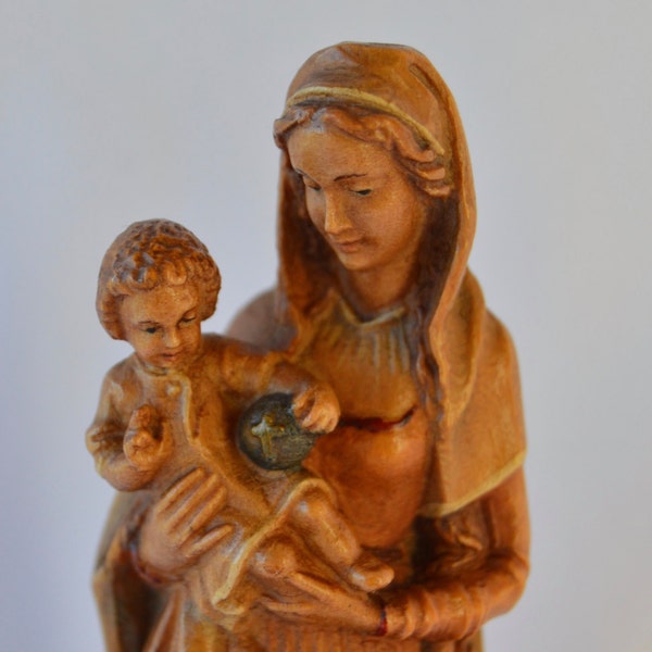 Virgin Mary and Jesus Child - French Vintage Religious Carved Wood Statue Polychromatic - Catholic Figurine - Religious Gift