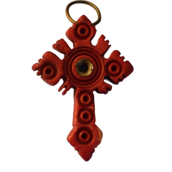 French Red Stanhope Carved Bone Religious Cross - Incised Circles - Pilgrimage Souvenir