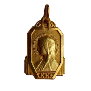 Art Deco French Gold Plated Medal: Our Lady Vintage Pendant