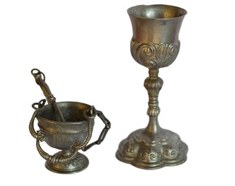 French Antique Religious Chalice and Holy Water Font with Sprinkler - Miniature Liturgical Objects - Miniature Religious Doll Toy Reliquary