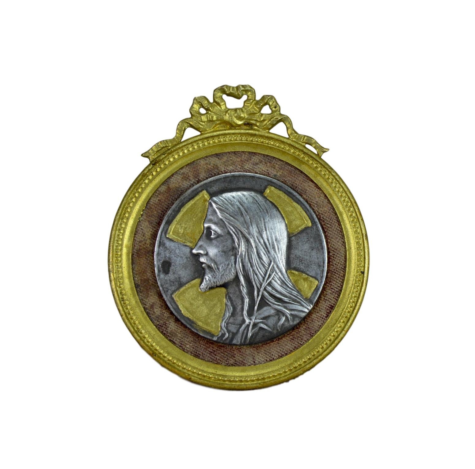 Français Authentique Médaille Cadre Support Oratoire - Art Nouveau Médaillon de Jésus.