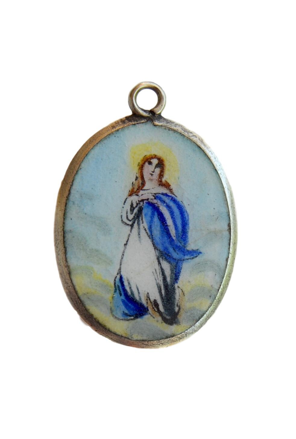 Vierge Marie Ascension, Antique Enamel Religieux Français Médaille Pendentif Breloque Médaillon, Ave