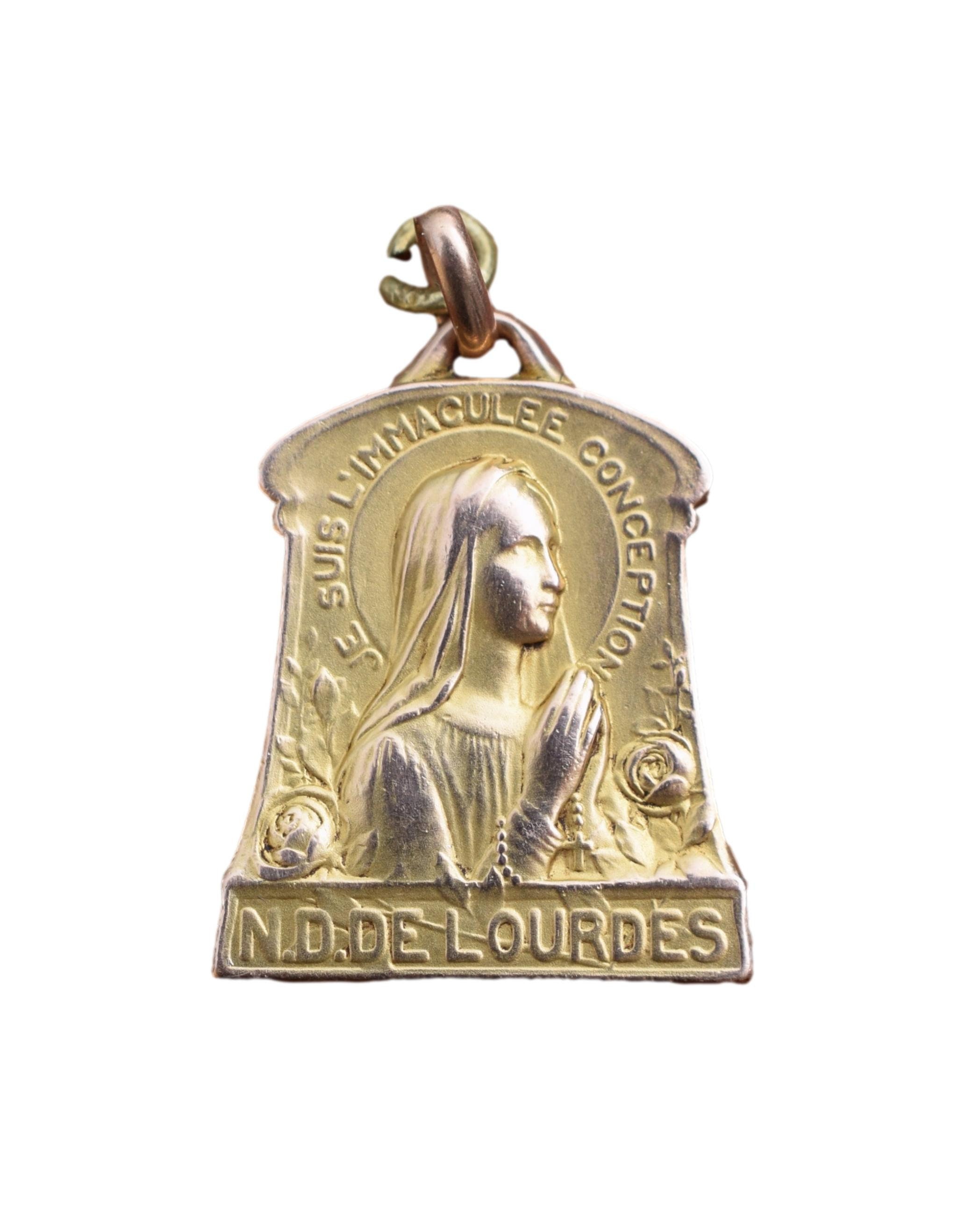 Vintage Art Nouveau Notre-Dame de Lourdes Médaille d'or Plaqué Métal Fix Par Tairac