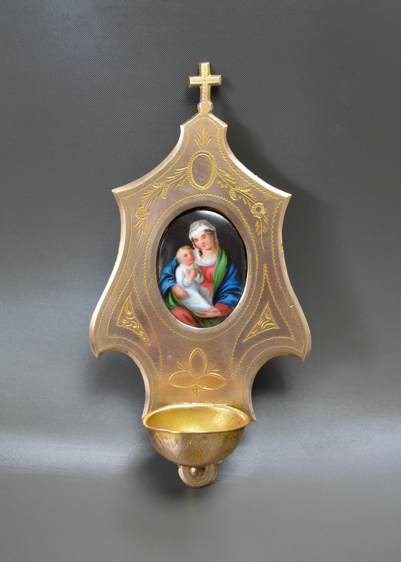 Français Religieux Antique Sainte Eau Police-Médaillon en Porcelaine Peinte à La Main de Vierge Mari