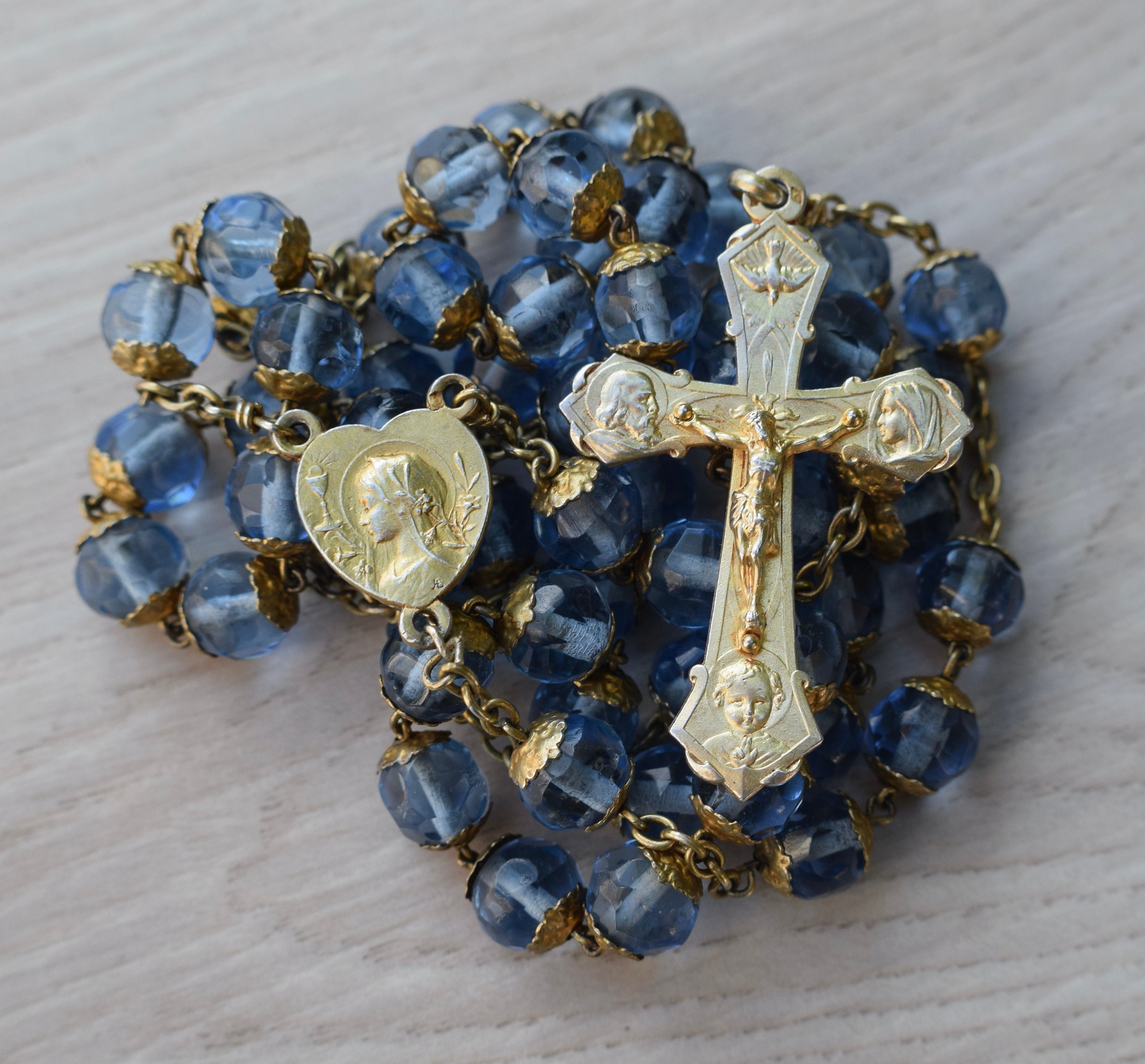 Rare Art Nouveau Tout Capuchon Verre Cristal Perles Or sur Rosaire Argent Sterling