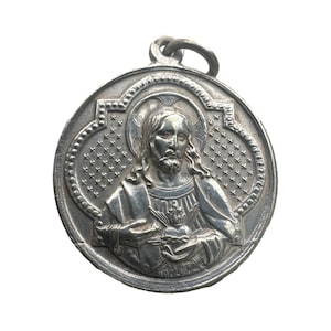 Antique French Sacred Heart Medal: Silvered Catholic Pendant