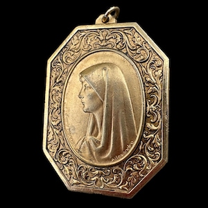 Large Virgin Mary Medal, Gilded  Bronze Pendant After Henner