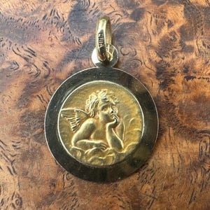 Gold Filled Angel Pendant, French Antique Raphael&#39;s Cherub Medal Guardian Angel Charm, Signed Oria