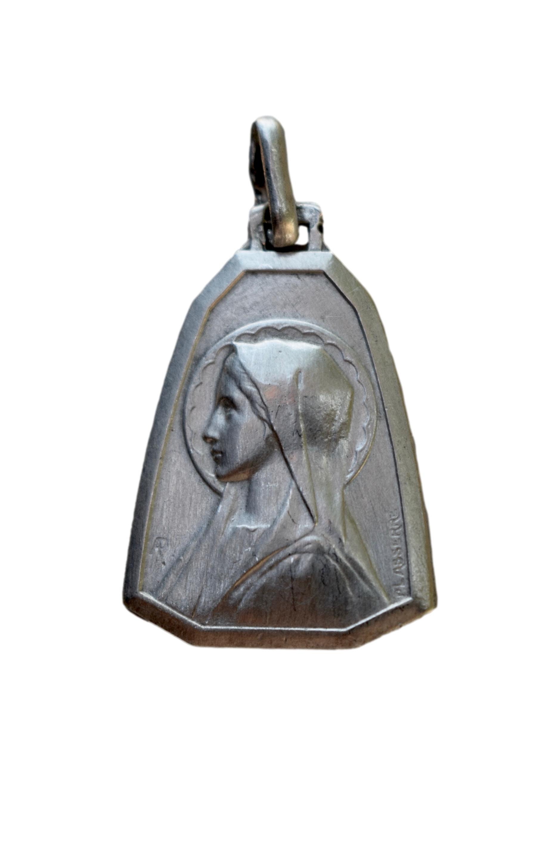 Portrait de La Vierge Marie Médaille Art Déco en Argent Sterling Par Lasserre