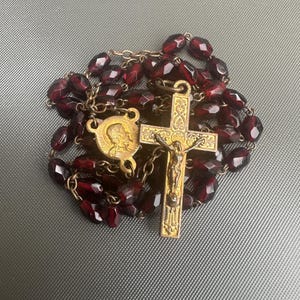 Vintage Child’s Rosary in Gilded Metal and Faceted Garnet Glass Beads By Lasserre