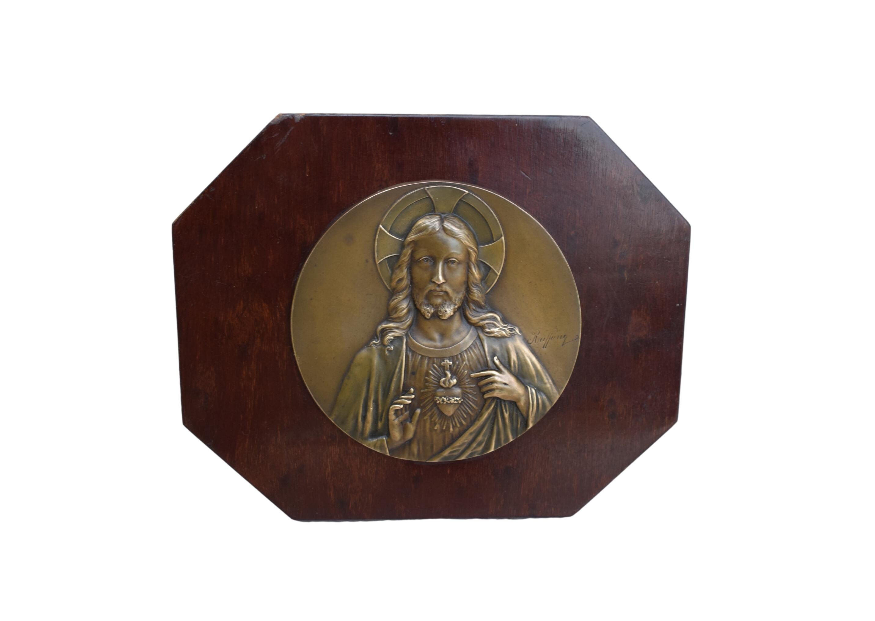 Jésus Sacré-Cœur Français Art Nouveau Plaque Oratoire Debout ou Murale Par Ruffony