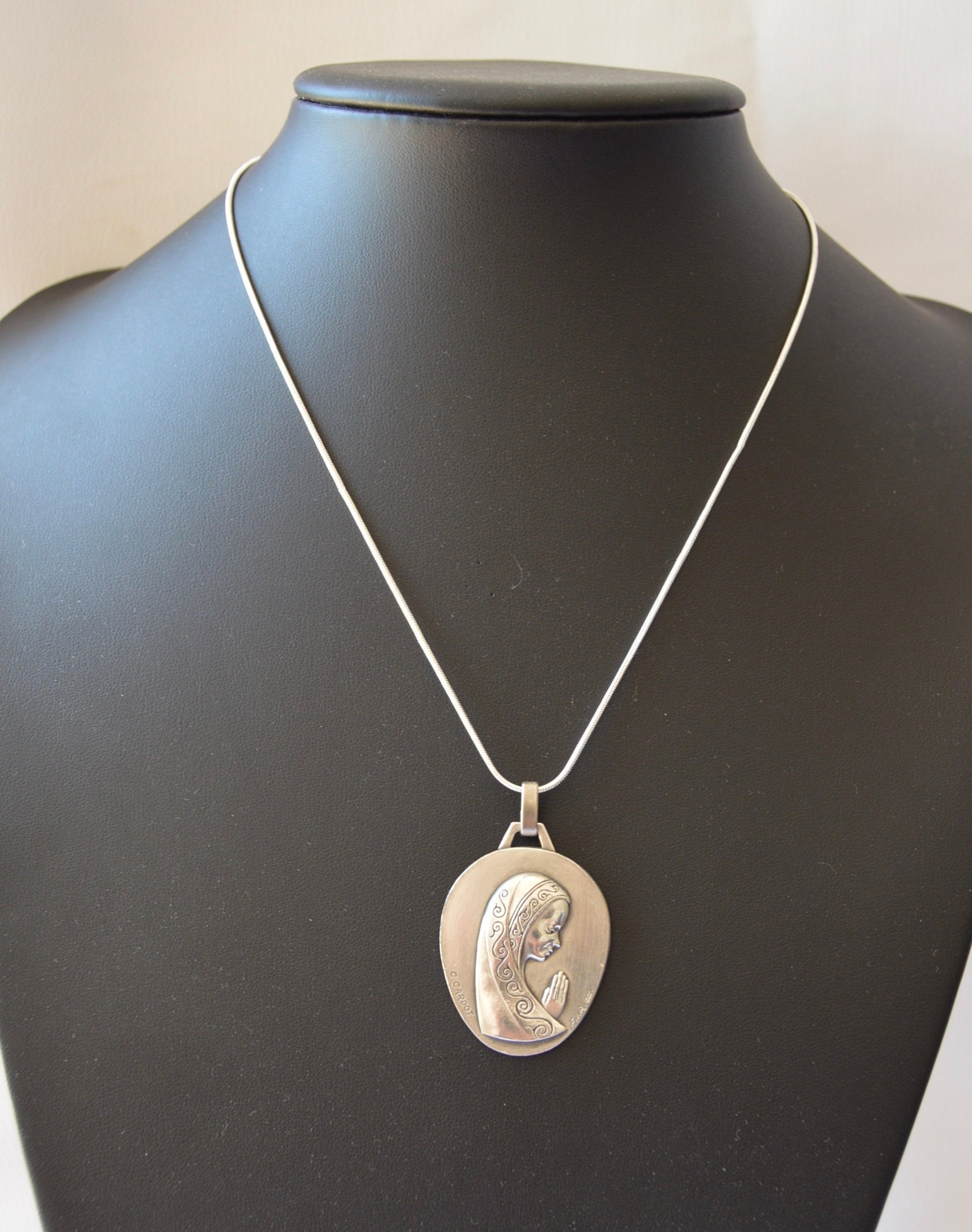 Moderniste Grand Argent Bronze Notre Dame Vierge Marie Médaille Par C. Cardot