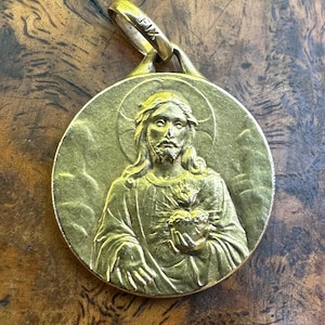 Sacred Heart Jesus & Virgin Mary Gold Filled Medal - French Religious Pendant