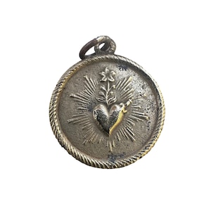 Antique Brass Religious Medal: Sacred Heart & Immaculate Mary