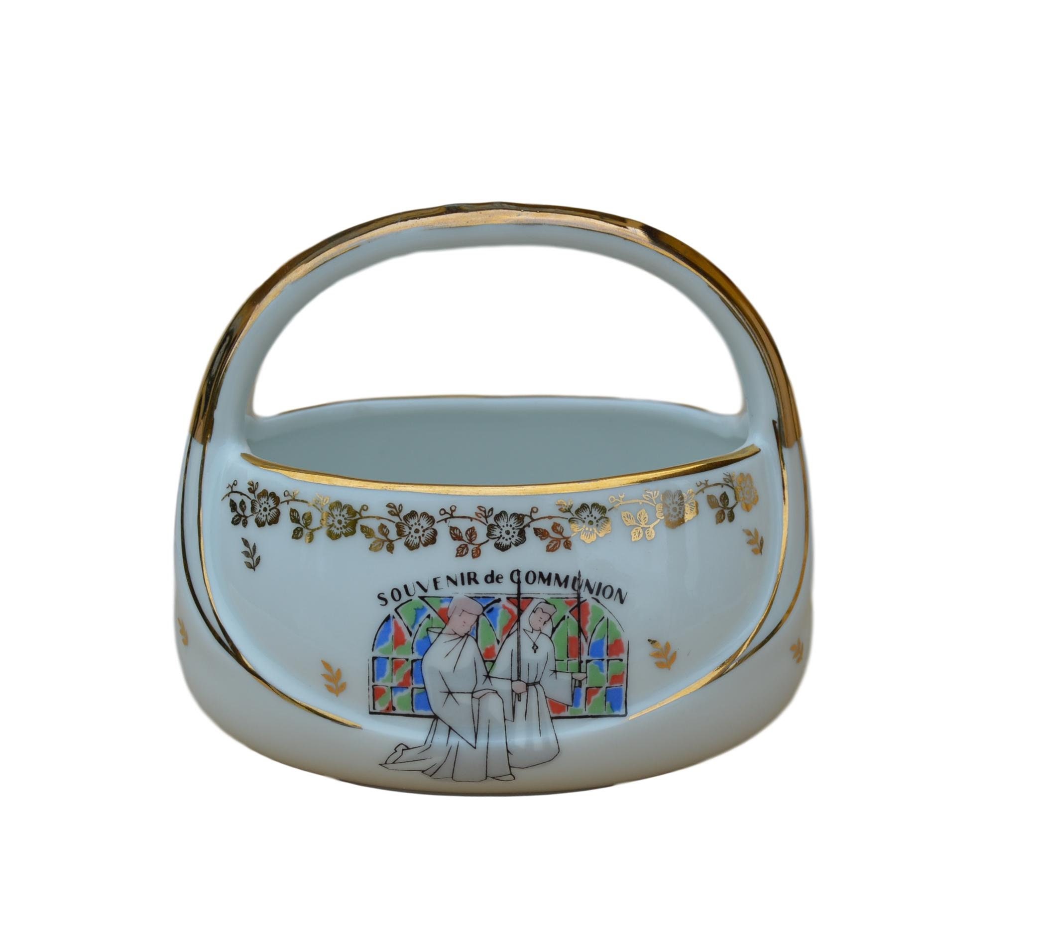 Français Petit Panier de Luxe Vintage en Porcelaine, Souvenir Communion Vide-Poches, Porcelaine Blan